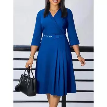 Mlaiscsr вечерние платья платья с поясом женская одежда V-образный вырез рукава 3/4 А-силуэт плиссированное платье случай элегантные офисные наряды S