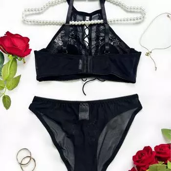 ММ эротическое нижнее белье с тремя точками крепления на шее сексуальный прозрачный кружевной комплект XS
