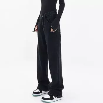 mm Retro Gradient Wide Leg Loose Mop Denim Black 3XL(Suggested 80.00 kg-90.00 kg)