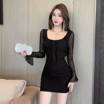 MM женское французское сексуальное сетчатое платье с длинными рукавами и запахом на бедрах S чёрный