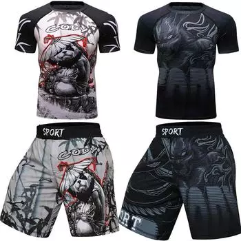 MMA BJJ Рашгард Футболки + Брюки Рашгард Спортивный костюм для фитнеса Бокс Трикотажные изделия Муай Тай Компрессионный мужской спортивный костюм для кикбоксинга ММА S