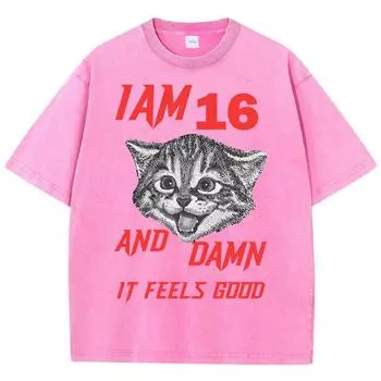 Мне 16, и, черт возьми, это приятно. Узор. Мужская футболка. Ретро. Повседневные футболки. Уличная. С коротким рукавом. Летняя. Свободная одежда. S