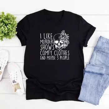 Мне нравится удобная одежда из сериалов «Убийства» и, возможно, мне нравится футболка «3 человека» для женщин Футболка «Крик на Хэллоуин» Футболка «Настоящее преступление» для женщин S чёрный