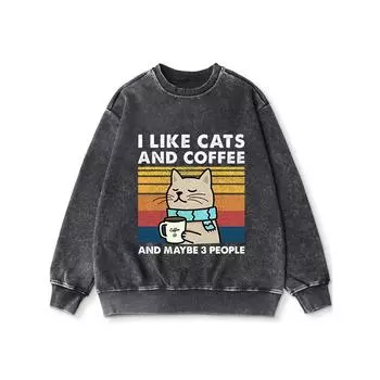Мне нравятся кошки и кофе Принт Постиранное худи Женские тонкие топы Повседневная хлопковая толстовка Осень Базовый ретро спортивный стиль S
