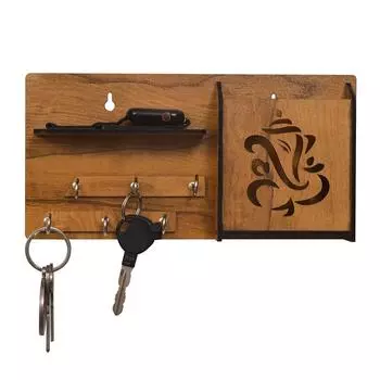 Многоцелевой деревянный держатель ключей Ганеша с мобильной подставкой и настенной полкой, 6 крючков для ключей, упаковка из 1 шт., деревянный коричневый