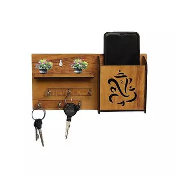 Многоцелевой деревянный держатель ключей Ганеша с мобильной подставкой и настенной полкой, 6 крючков для ключей, упаковка из 1 шт., деревянный коричневый