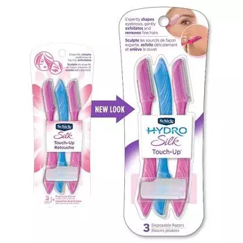Многоцелевой отшелушивающий инструмент для дермапланирования Schick Hydro Silk Touch-Up, бритва для бровей и бритва для лица с прецизионной крышкой, 3 шт. 3 Count (Pack of 1)