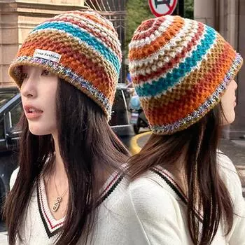 Многоцветная полосатая шапка, цветная вязаная шапка, шерстяная шапка Dopamine, теплая защитная шапка для ушей розовый