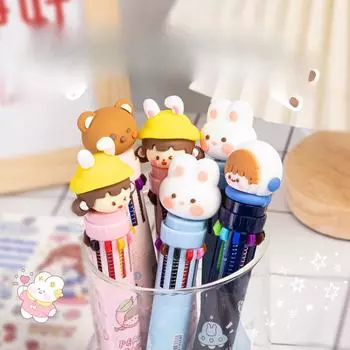 Многоцветная шариковая ручка Цвет 8 Цвет Десять Цветов Нажимной Тип Ученики Начальной Школы Специальный Блокнот Заметки Класс Функция В Одном Pudding bear/10pcs