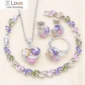 Многоцветные полудрагоценные камни Серебряные свадебные комплекты ювелирных изделий для женщин Кольцо Серьги Подвеска Ожерелье Цепь Браслет Комплекты 9