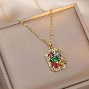 Многоцветный Цирконий Геометрический Прямоугольный Кулон Ожерелье для Женщин 2023 Новая Мода Золотого Цвета Цепи Из Нержавеющей Стали Ювелирные Изделия Аксессуары Для Свадьбы
