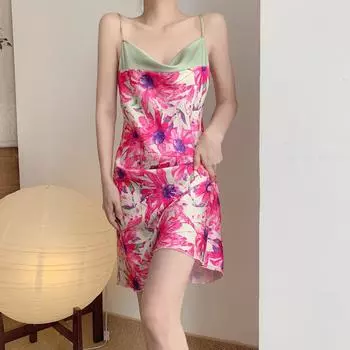 Многоцветный сексуальный женский летний ледяной шелк тонкое летнее пальто с принтом домашний мех подтяжки ночная рубашка M
