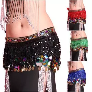 Многоцветный шифон для танца живота, бедра, шарф, пояс с пайетками, юбка, кисточка, набедренная повязка