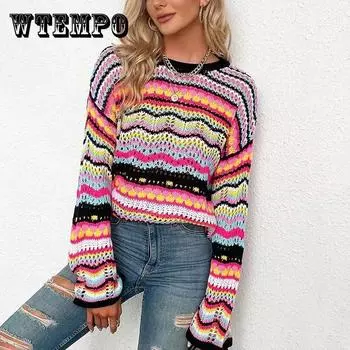Многоцветный вязаный пуловер с блокировкой, женский осенний повседневный полосатый свитер с расклешенными рукавами XL оранжевый