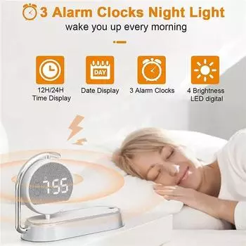 Многофункциональная беспроводная подставка для зарядного устройства, часы, светодиодная настольная лампа, ночник, 15 Вт, станция быстрой зарядки, док-станция для iPhone Samsung