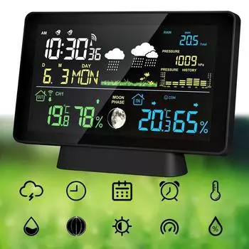 Многофункциональная цифровая метеостанция Температура Влажность Осадки Барометрическое давление Фазы Луны Прогноз погоды Будильник чёрный