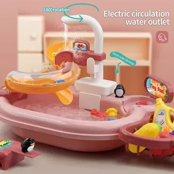 Многофункциональная игрушечная раковина для малышей, кухонные игрушки 2-в-1, электрическая посудомоечная машина с проточной водой, имитация озеро синий