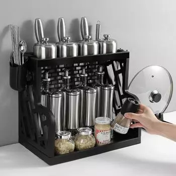 Многофункциональная кухонная полка для приправ, бытовые кухонные принадлежности, напольный держатель для ножей, стеллаж для хранения, два этажа на земле.