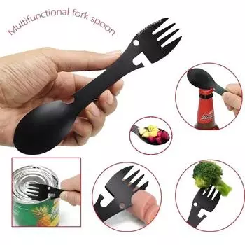 Многофункциональная ложка, вилка, открывалка для бутылок, портативный инструмент, походная посуда, многофункциональная банка, креативная портативная открывалка для бутылок чёрный