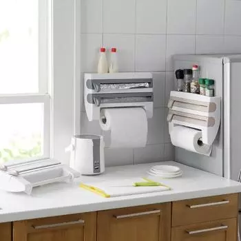 Многофункциональная настенная кухонная стойка для хранения с резаком для пластиковой пленки, фольги и бумажных полотенец серый/синий