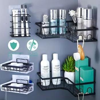 Многофункциональная настенная полка для хранения ванной комнаты из 5 предметов, ящик для хранения туалетных принадлежностей чёрный