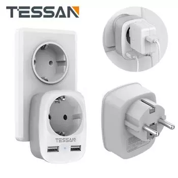 Многофункциональная настенная розетка TESSAN с 1 розеткой переменного тока и 2 USB-портами, настенная розетка ЕС с защитой от перегрузки для дома