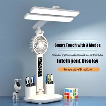 Многофункциональная настольная лампа, светодиодная складная лампа с вентилятором, календарем, часами, USB аккумуляторная настольная лампа, 3 цвета, лампа для чтения белый