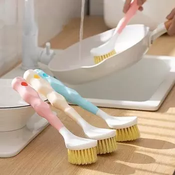 Многофункциональная нейлоновая щетка с длинной ручкой для мытья кастрюль, щетка для мытья посуды, щетка для чистки кухни, инструмент для чистки с ручкой из бука розовый