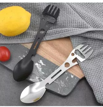 Многофункциональная походная ложка и вилка из нержавеющей стали, портативный и утолщенный большой набор уличной посуды, встроенная открывалка для бутылок чёрный