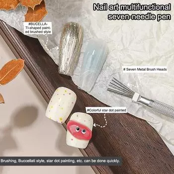 Многофункциональная ручка для рисования линий на ногтях с 7 штифтами, гибкая ручка из нержавеющей стали, кисти для УФ-геля, инструменты для рисования и маникюра Onesize