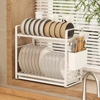 Многофункциональная сушилка для посуды с держателем для столовых приборов, простая в установке, большая вместимость, 2 уровня белый