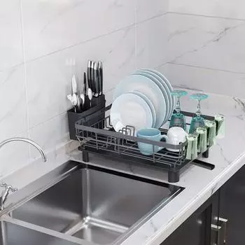 Многофункциональная сушилка для посуды Yousheng с крылом для сушки, большая вместимость, прочная конструкция, простая в сборке сушилка для посуды с держателем для столовых приборов чёрный