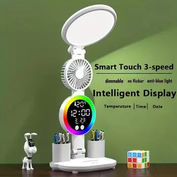 Многофункциональная светодиодная настольная лампа с 3-скоростным сенсорным вентилятором, защитой глаз, ночником для спальни с регулируемой яркостью, лампой для домашнего обучения с дисплеем температуры и времени белый
