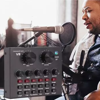 Многофункциональная звуковая карта V8 с аудиоинтерфейсом USB, интеллектуальный аудиомикшер с регулируемой громкостью English version