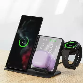 Многофункциональное беспроводное зарядное устройство с будильником 15 Вт, быстрая зарядка, 3 в 1, беспроводное зарядное устройство для Samsung Watch EarPods и телефонов For samsung чёрный