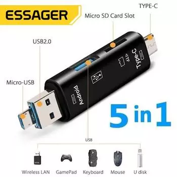 Многофункциональное устройство чтения карт памяти USB 2.0 типа C/Usb/Micro USB/TF 5 в 1, адаптер устройства чтения карт памяти OTG