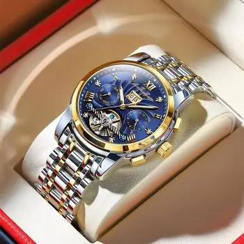 Многофункциональные мужские механические часы, турбийон, водонепроницаемый, светящийся двойной календарь, модные мужские деловые часы чёрный/серебряный