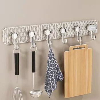 Многофункциональные самоклеящиеся настенные крючки. Бесшовная установка без перфорации. Вешалка для хранения с 6 крючками. Органайзер с прочными крючками для кухни и ванной комнаты. серый