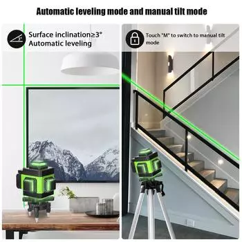 Многофункциональный 4D 16-линейный лазерный уровень 3° самонивелирующийся прибор с USB-перезаряжаемой литиевой батареей нивелир с вертикальным выравниванием зелёный