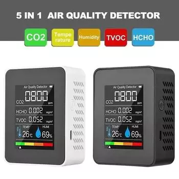 Многофункциональный 5-в-1 измеритель CO2, цифровой тестер температуры и влажности, детектор углекислого газа TVOC HCHO, монитор качества воздуха белый