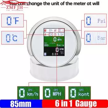 Многофункциональный 6 в 1 85 мм датчик GPS спидометр + тахометр + указатель уровня топлива + давление масла + температура воды + вольтметр для автомобиля