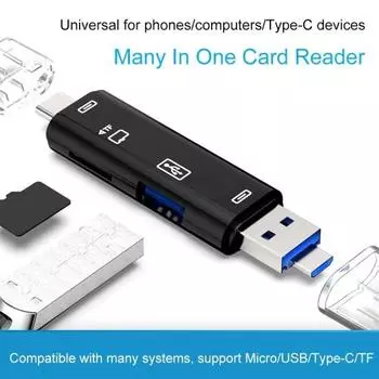 Многофункциональный адаптер OTG для считывания цифровых карт Micro USB 2.0 Type-C TF Security чёрный
