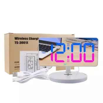 Многофункциональный беспроводной зарядный ночной будильник с регулируемым зеркалом для макияжа чёрный