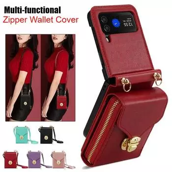 Многофункциональный чехол-кошелек на молнии для Samsung Galaxy Z Flip 6 5 4 3 5G, кожаный чехол-кошелек с ремешком через плечо для Z Flip6 Flip5 Flip4 Flip3 Samsung Z Flip 3 чёрный