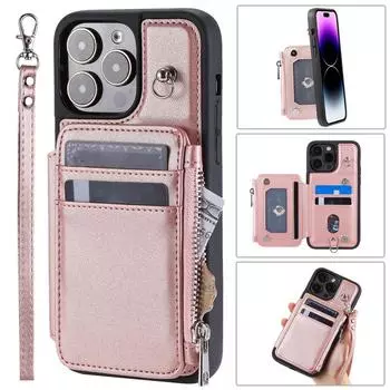 Многофункциональный чехол-кошелек на молнии с 5 слотами для карт для Samsung S23 S22 S21 A13 A14 A52 A53 A54 iPhone 14 13 12 11 Складной чехол из искусственной кожи с ремешком на руку iPhone 6 Plus/6S Plus чёрный