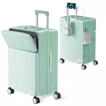 Многофункциональный чемодан Carry с разъемами Type C и USB для переноски мобильных устройств спереди, включая скрытый крючок для чашки, вращающийся на 360 градусов ПК, оснащенный TSA Travel