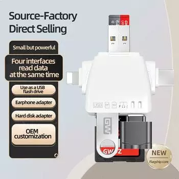 Многофункциональный кард-ридер, мобильный компьютерный адаптер с функцией чтения карт, музыки, зарядки, TF SD U Disk Type-C, используемый одновременно чёрный