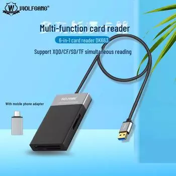 Многофункциональный картридер Wolfgang DK663: Совместимость с XQD, CF и SD с высокоскоростной передачей данных USB 3.0 для смартфонов. 6-in-1 card reader
