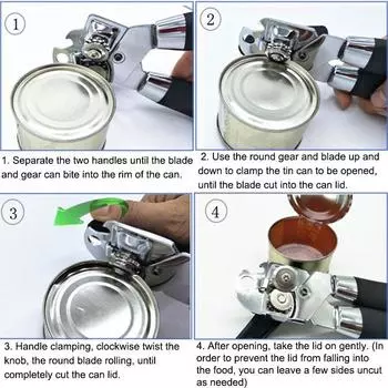 Многофункциональный консервный нож, прочный ручной консервный нож из нержавеющей стали с гладким краем и мягкой ручкой чёрный