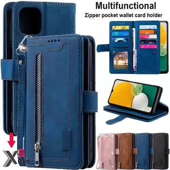 Многофункциональный кожаный чехол-кошелек на молнии с 9 отделениями для карт для iPhone 15 14Plus 13 12 11 Pro Max XsMax/Samsung S23 S22 S21 S20Ultra Plus A14 A54 A53 A15 iPhone 6/6S синий